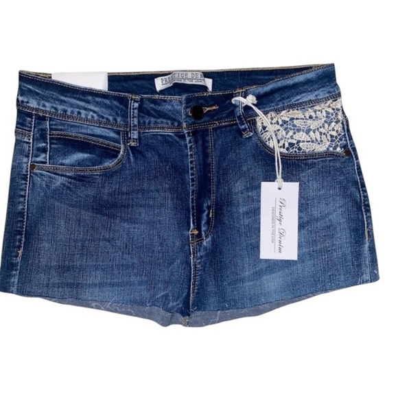 Prestige Denim Micro Mini Skirt w/Raw Cut Hem, Lace Embellishments BLUE Size 7 - Picture 1 of 6